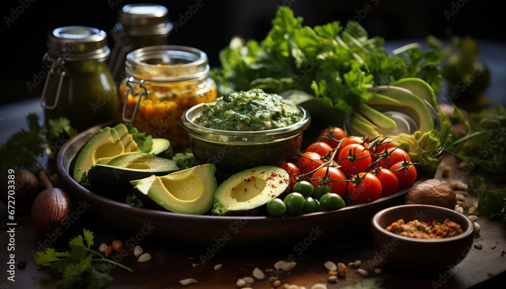 Fresh avocado guacamole, a healthy vegetarian meal on a wooden table generated by AI