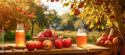 Wide angle view of a wooden table adorned with a variety of apples, signaling the start of apple cider and vinegar making in the autumn. photo