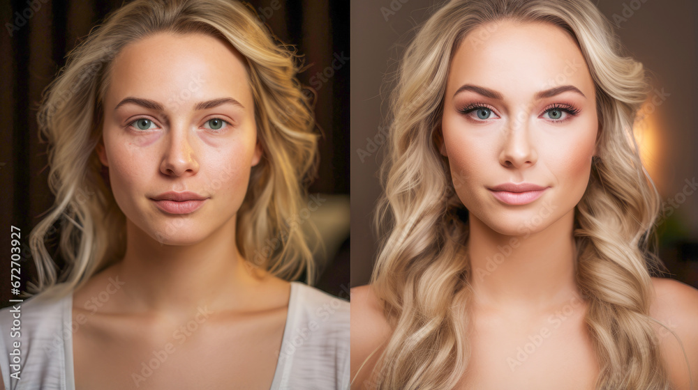 A bridal beauty makeover: before photo captures a lovely natural look, while the after image reveals her radiant and enchanting appearance with makeup, a perfect hairstyle A bridal beauty makeover: before photo captures a lovely natural look, while the after image reveals her radiant and enchanting appearance with makeup, a perfect hairstyle