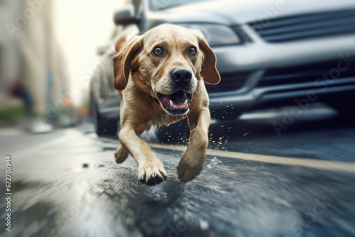 An image of a dog crossing a road, creating a potential danger and accident situation as it moves alongside the fast-moving traffic. photo