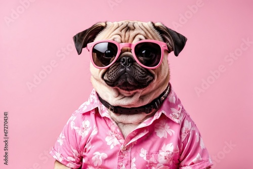Portrait of cute pug in trendy pink sunglasses and hawaiian shirt isolated on pink background. ai generative photo