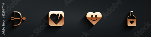 Set Bow and arrow, Broken heart or divorce, Heart and Bottle with love potion icon with long shadow. Vector