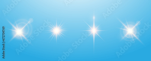 Transparent white light effects on a blue background. A collection of various glowing sparks, stars. The effect of glow, radiance, shine. Vector EPS 10.