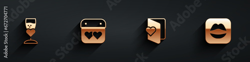 Set Glass of champagne, Calendar with heart, Valentines day flyer and Smiling lips icon with long shadow. Vector