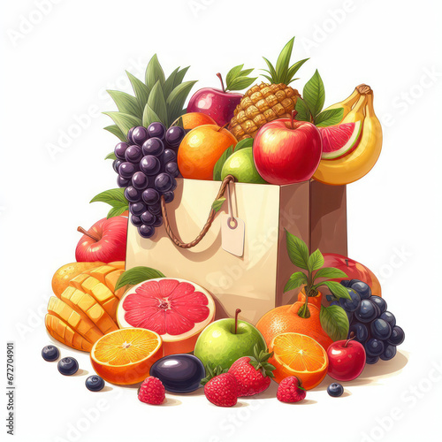 Shopping bag with fruits isolated on white background. ai generative