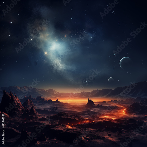 Night sky over desolate planet with moon