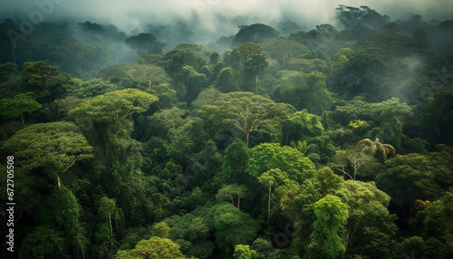 Green mountain peak rises above misty tropical rainforest landscape generated by AI photo