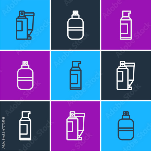 Set line Cream or lotion cosmetic tube, Spray can for hairspray and Perfume icon. Vector