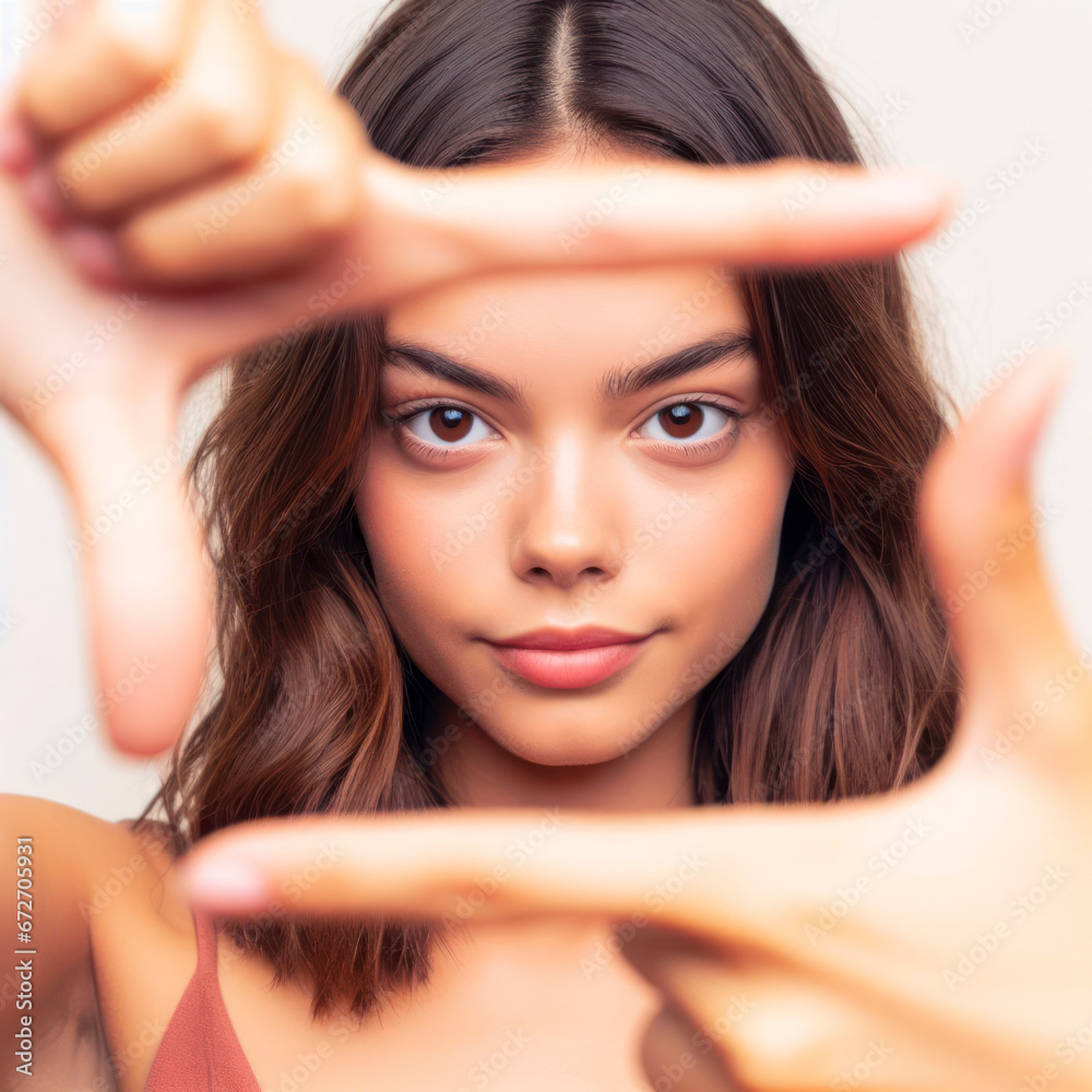Fototapeta premium Young woman over isolated background focusing face. Framing symbol. ai generative