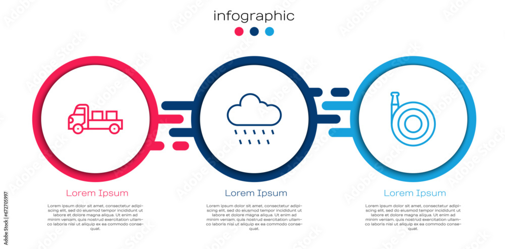 Set line Pickup truck, Cloud with rain and Garden hose. Business infographic template. Vector Set line Pickup truck, Cloud with rain and Garden hose. Business infographic template. Vector