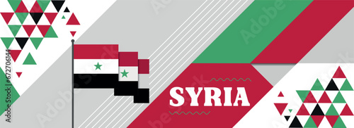 Syria national or independence day banner design for Syrian celebration. Flag of Syria with modern retro design and abstract geometric icons. Vector illustration.