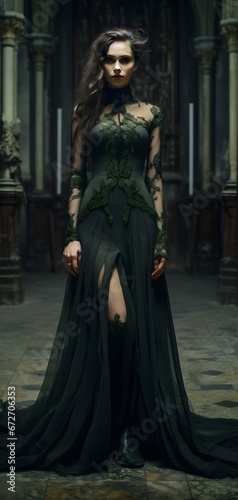 Beautiful seductive woman with dark makeup and elegant vintage sexy dress posing in a church. Scary and glamorous portrait of a female in gothic fashion. Concept of horror and fantasy.