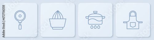 Set line Frying pan, Cooking pot, Citrus fruit juicer and Kitchen apron. White square button. Vector