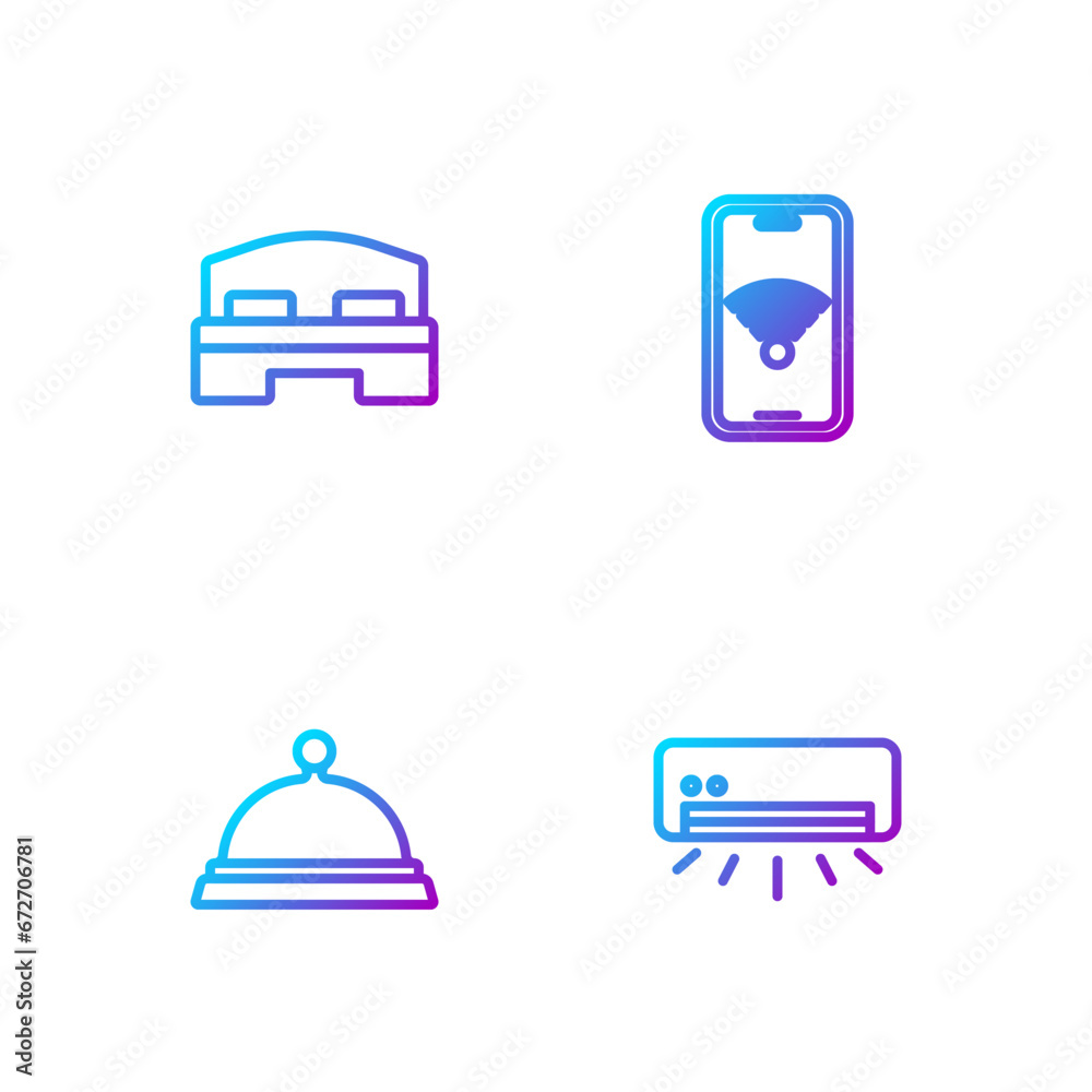 Set line Air conditioner, Covered with tray of food, Hotel room bed and Mobile wi-fi wireless. Gradient color icons. Vector Set line Air conditioner, Covered with tray of food, Hotel room bed and Mobile wi-fi wireless. Gradient color icons. Vector