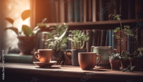A rustic bookshelf with potted plants and a coffee mug generated by AI