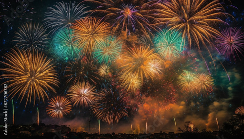 Fourth of July Explosive fireworks illuminate the night sky generated by AI