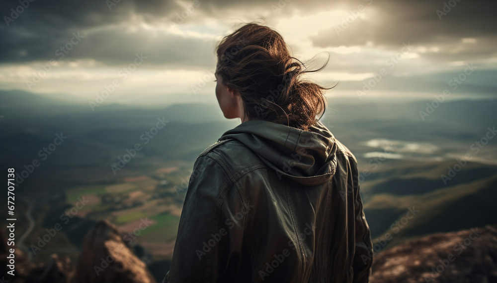 One young woman standing on mountain peak, looking at view generated by AI One young woman standing on mountain peak, looking at view generated by AI