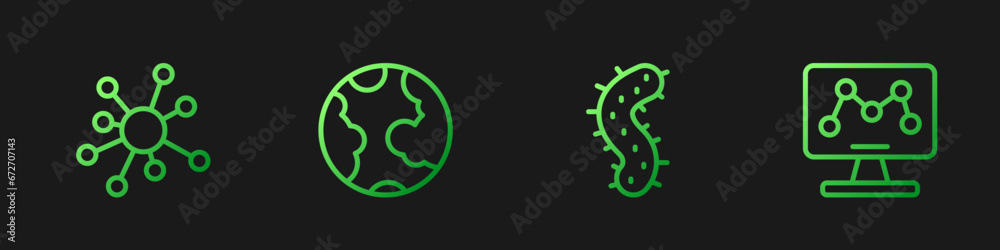 Set line Virus, Molecule, Earth globe and Genetic engineering. Gradient color icons. Vector Set line Virus, Molecule, Earth globe and Genetic engineering. Gradient color icons. Vector