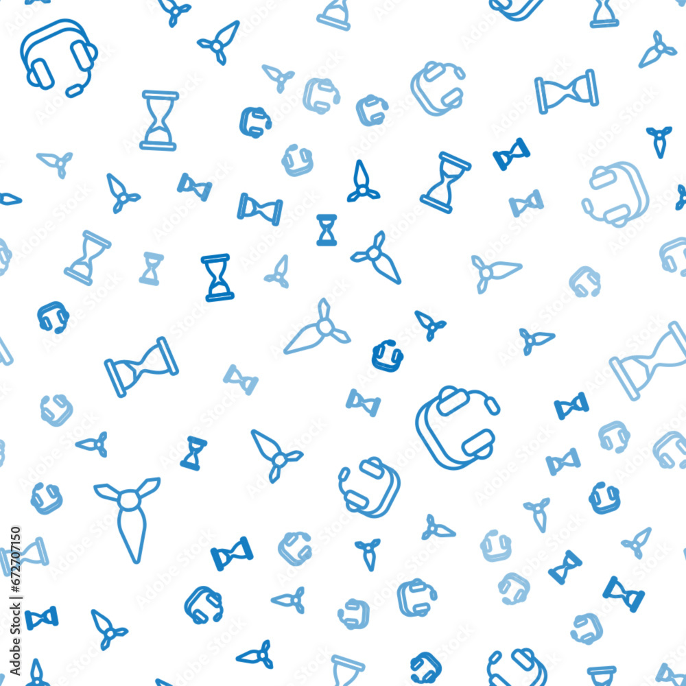 Set line Tie, Headphones and Old hourglass on seamless pattern. Vector