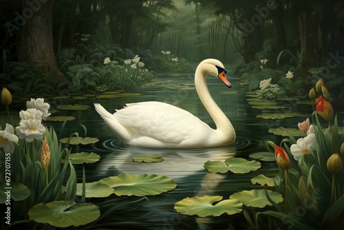 A painting depicting a swan in a pond with lily pads and water lilies in the foreground and a forest in the background. Generative AI