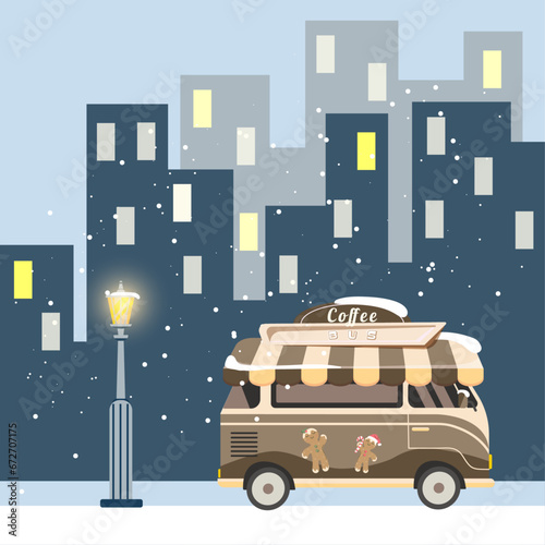 A bus that sells coffee in the snow in winter. winter composition, merry christmas and new year 2024. car on the street