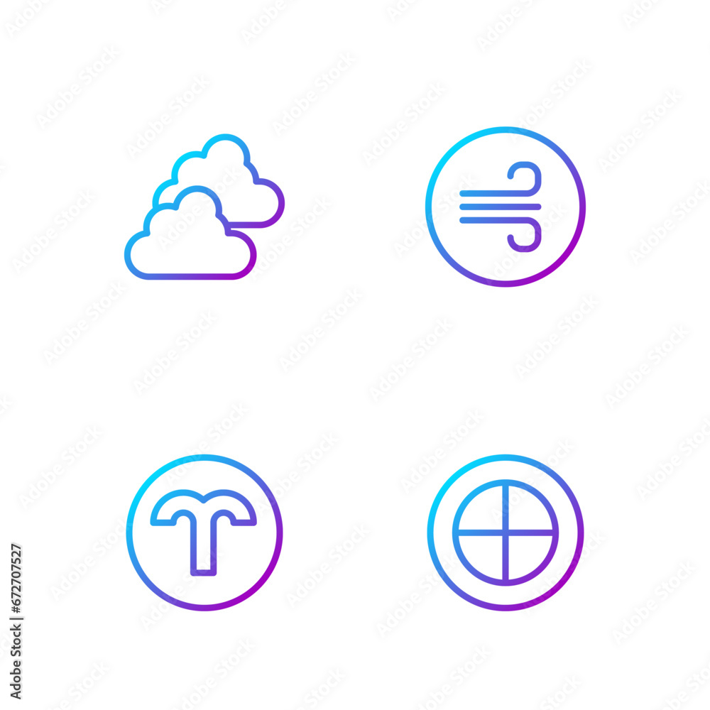 Set line Earth globe, Aries zodiac, Cloudy weather and Windy. Gradient color icons. Vector Set line Earth globe, Aries zodiac, Cloudy weather and Windy. Gradient color icons. Vector