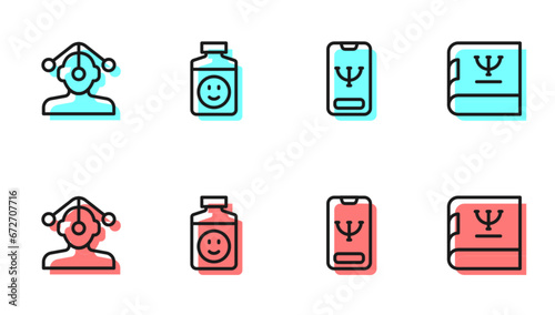 Set line Online psychological counseling, Hypnosis, Antidepressants and Psychology book icon. Vector