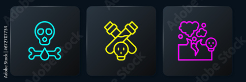 Set line Bones and skull, Poisonous cloud of gas or smoke and Bottle with potion. Black square button. Vector