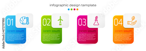 Set line Earth melting to global warming, Wind turbine, Plant breeding and Leaf hand. Business infographic template. Vector