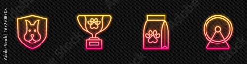 Set line Bag of food for pet, Animal health insurance, Pet award symbol and Hamster wheel. Glowing neon icon. Vector