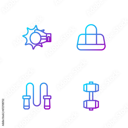 Set line Dumbbell, Jump rope, Punch in boxing glove and Sport bag. Gradient color icons. Vector