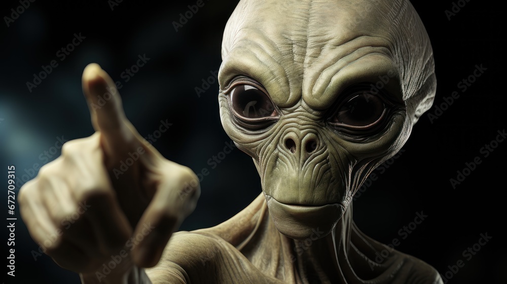 Creepy alien pointing his finger at the camera. Martian. Extraterrestrial Life Concept With a Copy Space.