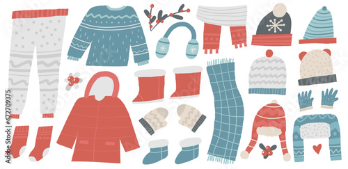 Winter clothes set. Cute hand drawn doodle Christmas, winter season apparel bundle, sweater, pants, coat, ugg, boots, scarf, hat, mittens, gloves, socks, ear flaps hat cap beanie knitted hat