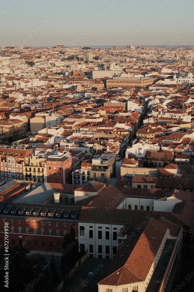 Vertical aerial view of the beautiful skyline of Madrid, Spain