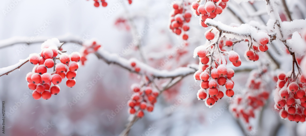 A close-up of rowanberry branches, their red berries contrasting beautifully with the snow and ice of winter. A close-up of rowanberry branches, their red berries contrasting beautifully with the snow and ice of winter.