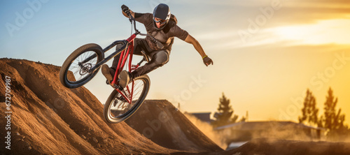 An extreme biker defies gravity, speeding down a treacherous hillside on their mountain bicycle.