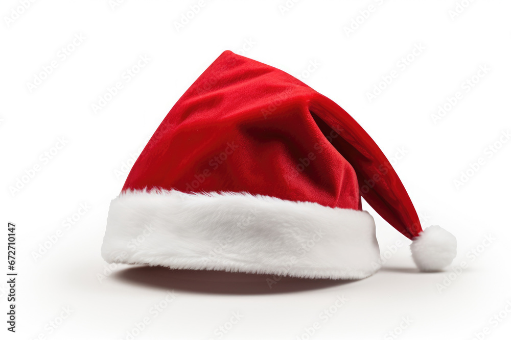 A festive red Santa Claus hat, a traditional symbol of Christmas, isolated on a white background, with its fluffy fur lining adding to the holiday spirit. A festive red Santa Claus hat, a traditional symbol of Christmas, isolated on a white background, with its fluffy fur lining adding to the holiday spirit.