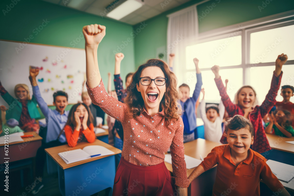 A happy teacher in a colorful classroom, surrounded by a group of enthusiastic students eager to learn. - obrazy, fototapety, plakaty 