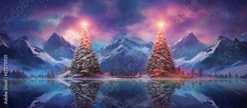 Beautifully decorated and illuminated Christmas tree in the Winter Landscape