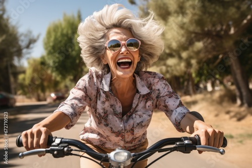 Joyful retired woman with playful expression. Generative AI © Ilugram