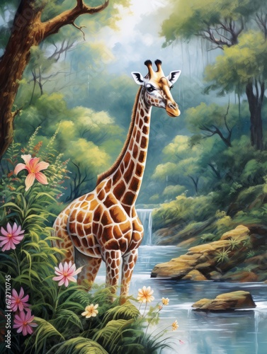 Wallpaper giraffe gracefully navigating a lush jungle. Surrounding it are tropical forest leaves  a meandering river  and birds vintage style