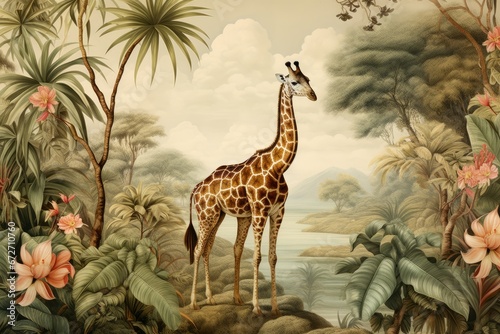 Wallpaper giraffe gracefully navigating a lush jungle. Surrounding it are tropical forest leaves, a meandering river, and birds vintage style photo