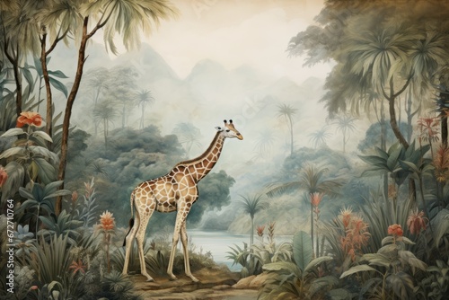 Wallpaper giraffe gracefully navigating a lush jungle. Surrounding it are tropical forest leaves  a meandering river  and birds vintage style