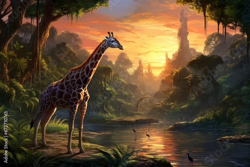 Wallpaper giraffe gracefully navigating a lush jungle. Surrounding it are tropical forest leaves  a meandering river  and birds vintage style