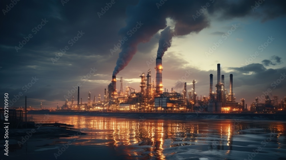 Oil refinery aglow with lights against the backdrop of a colorful sunset. Generative AI