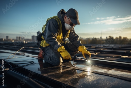 Engineer wearing safety gear while cleaning and maintaining a set of solar panels. Generative AI