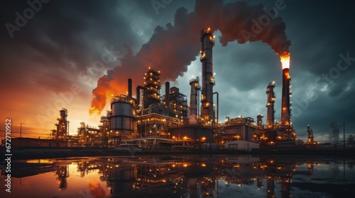 Oil refinery aglow with lights against the backdrop of a colorful sunset. Generative AI