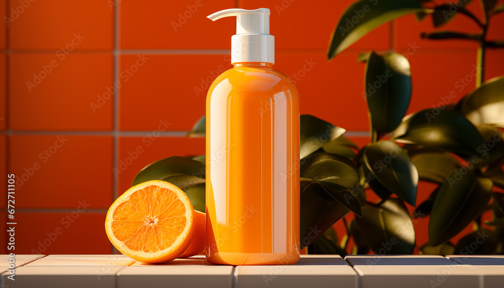 Orange bottle mockup i on an orange surface. bottle for shampoo, shower gel or lotion mockup to advertise
Orange bottle mockup i on an orange surface. bottle for shampoo, shower gel or lotion mockup to advertise