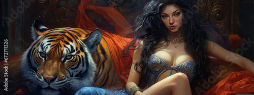 A fantasy female woman with a tiger in a erotic bikini costume. Futuristic portrait of a beautiful amazonian woman