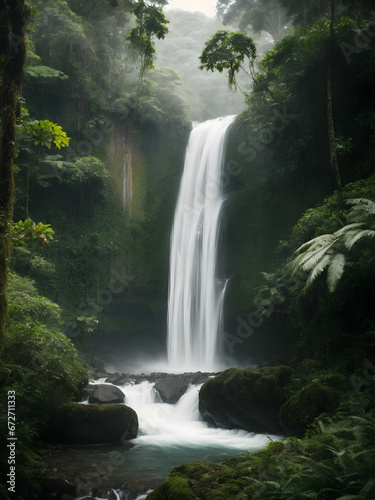 A cascading waterfall hidden deep in the heart of a lush rainforest.